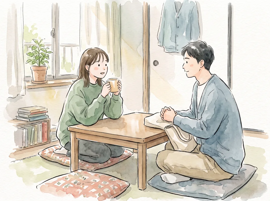 ご自宅の座卓でスタッフとご利用者さんがお茶を飲みながら話している水彩画
