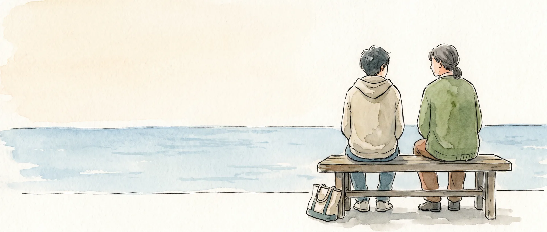 海の見えるベンチに並んで座る二人の水彩画