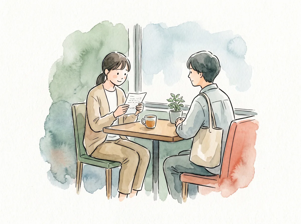 窓辺のテーブルで、手紙を読む女性と、向かいに座るスタッフの水彩画