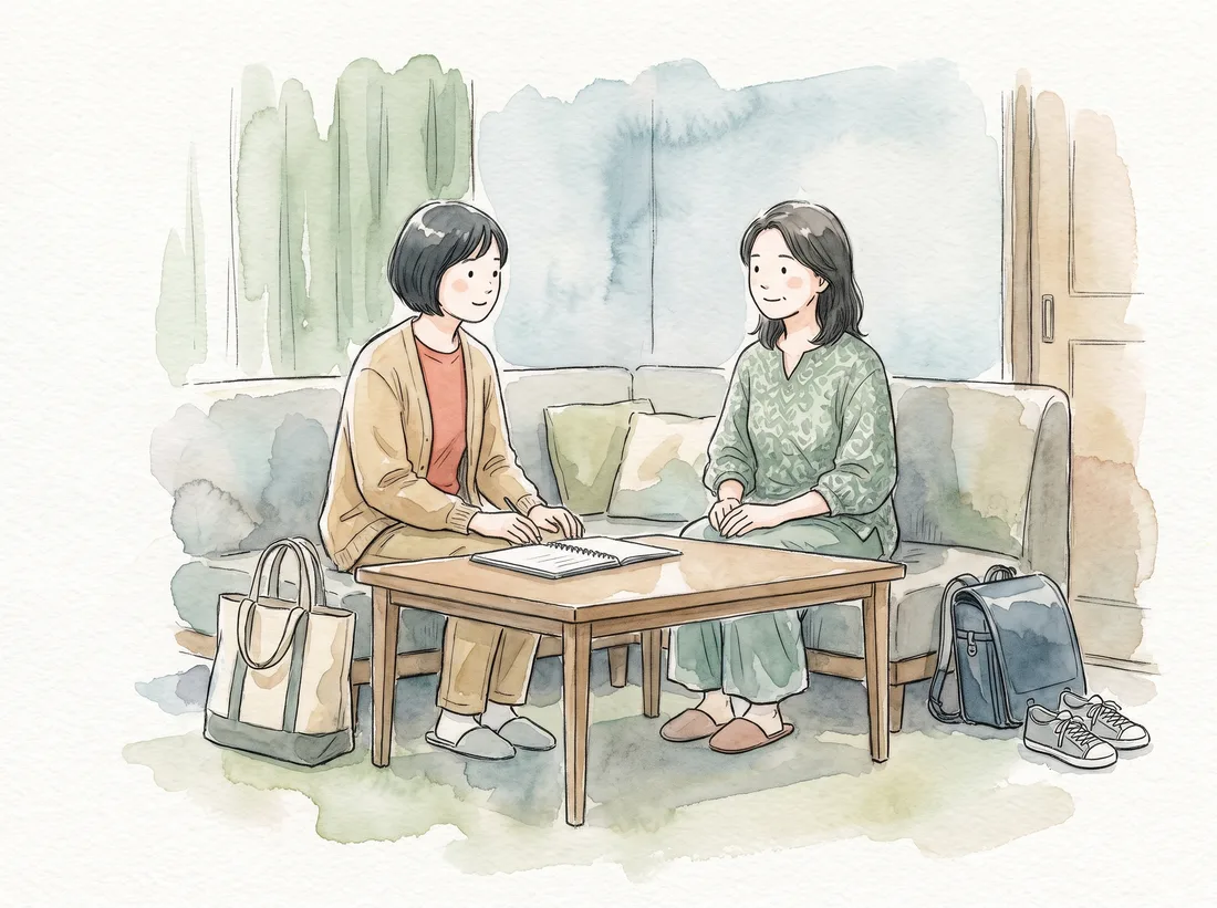 ご家族とスタッフがソファで話している水彩画
